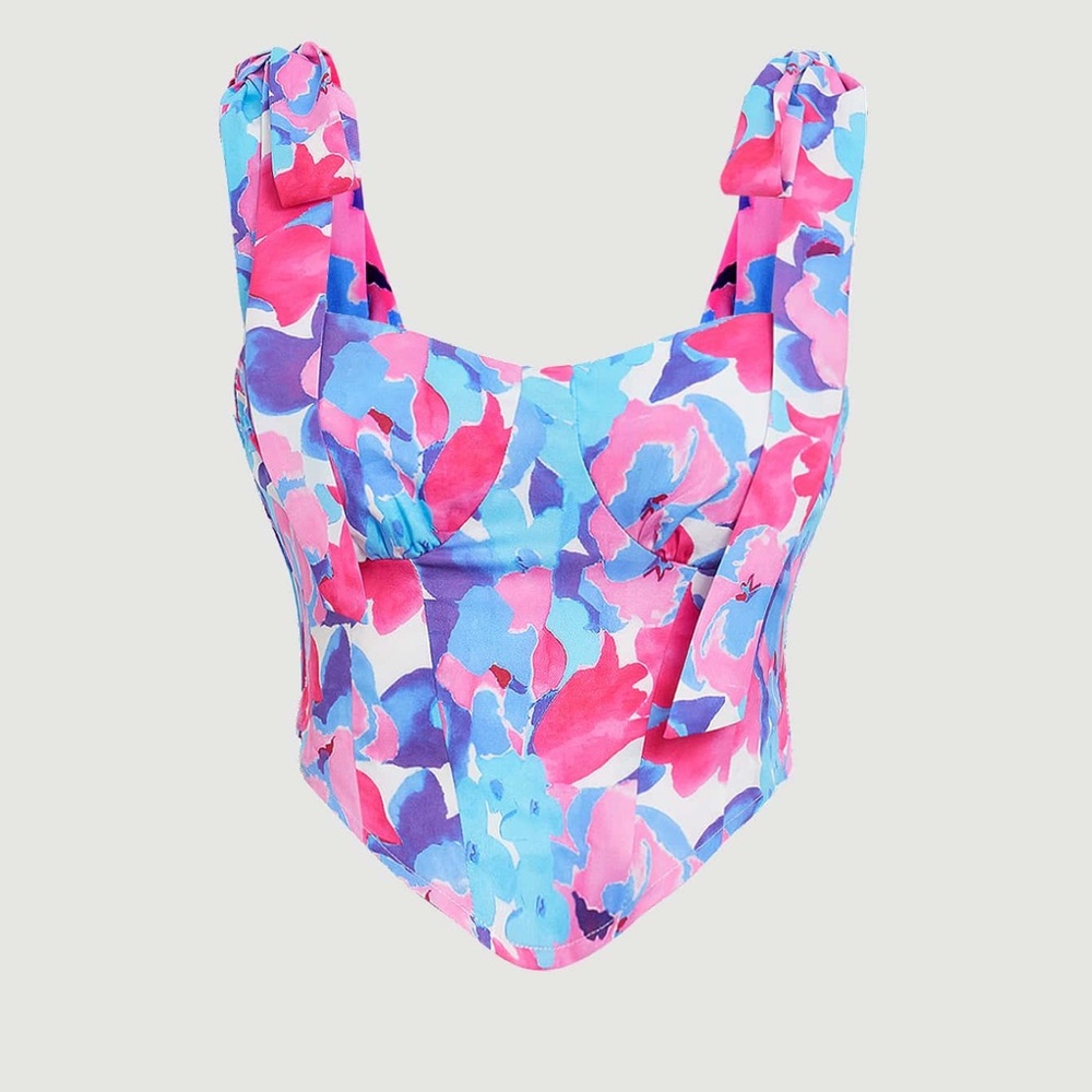 Tie-Shoulder Floral Crop Top in Pink & Blue Large Ruched Stretchy Back